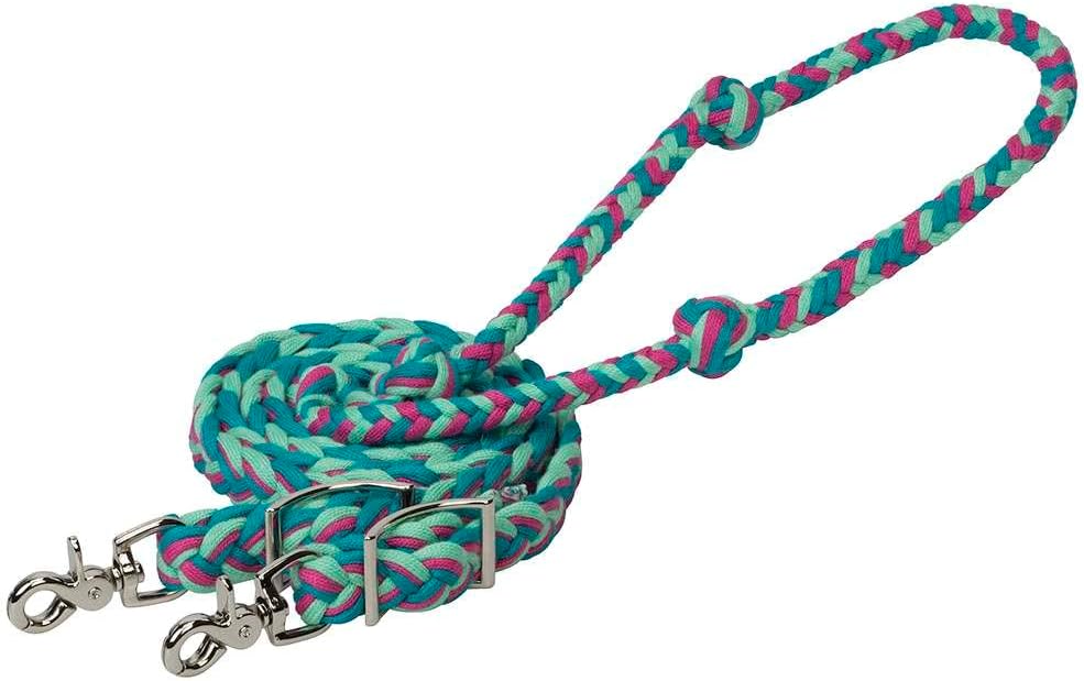 Bamboo 8ft Flat Barrel Reins Turq/Rasp/Green N/A - Hooves and Paws