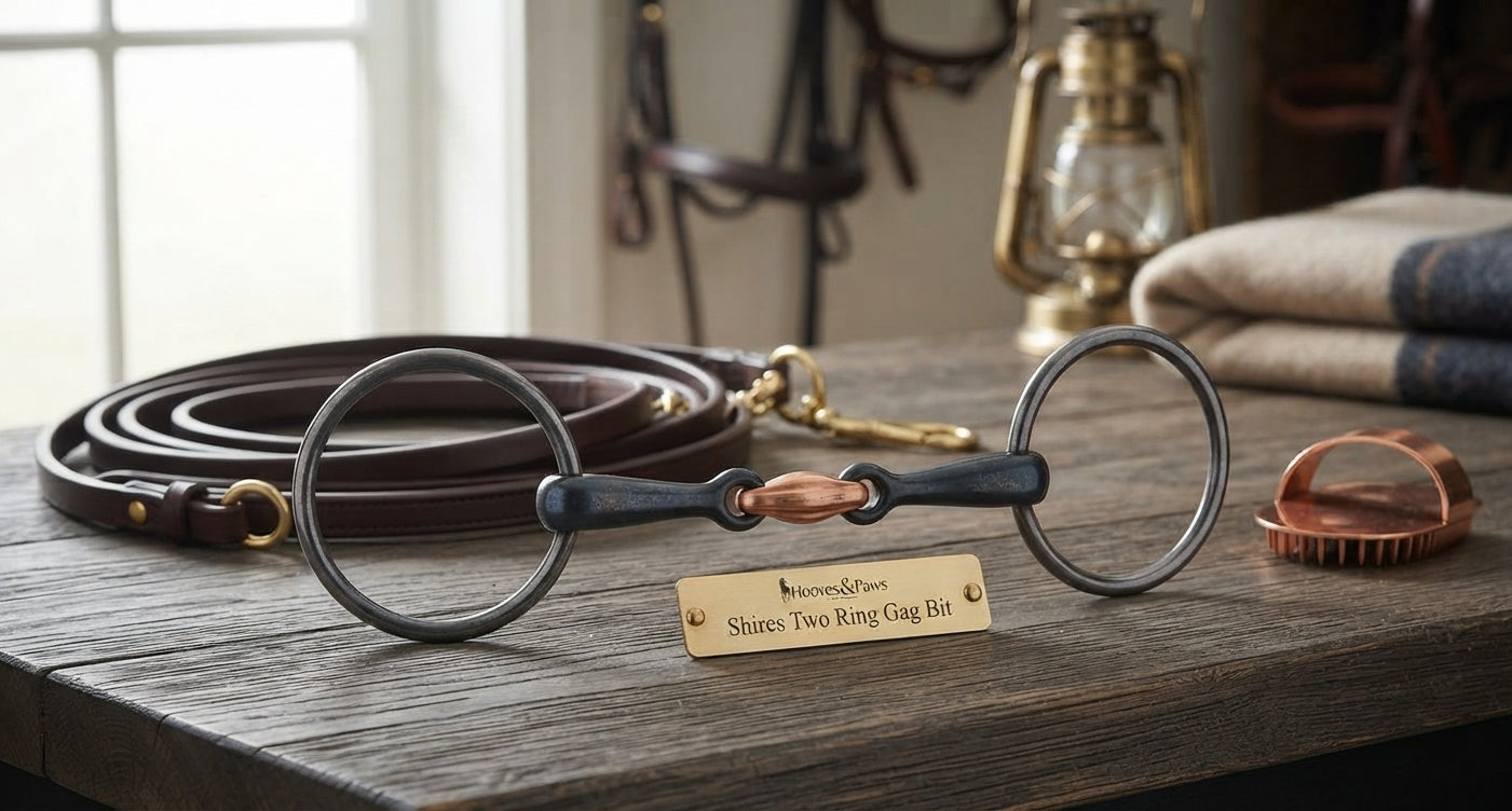 Lifestyle photo of Shires Two Ring Sweet Iron Gag Bit with Raised Copper Ribs - Sweet Iron & Copper - Multiple Sizes