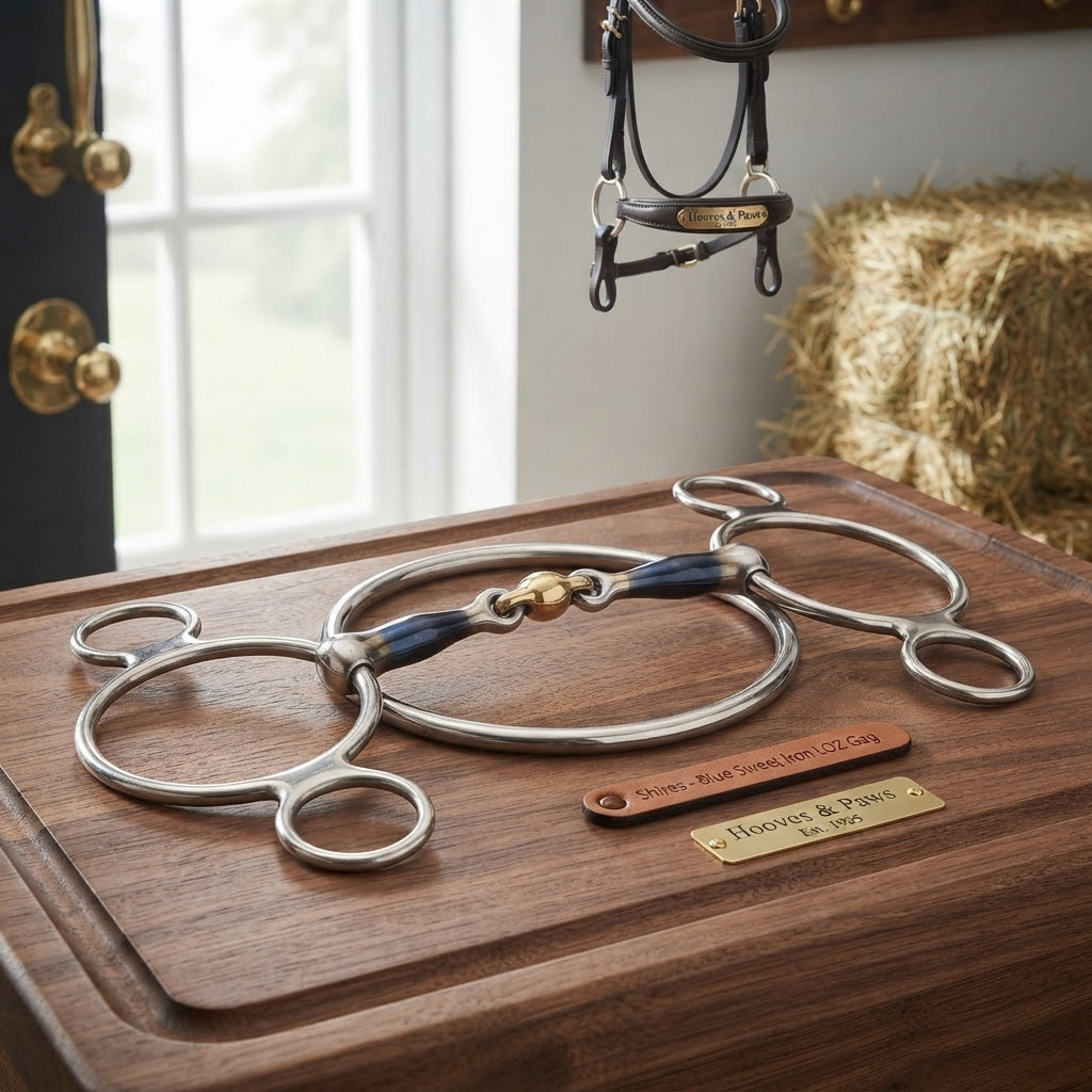 Lifestyle photo of Shires Blue Sweet Iron Two Ring Gag Horse Bit - Anatomical LOZ Double Jointed Lozenge Mouthpiece