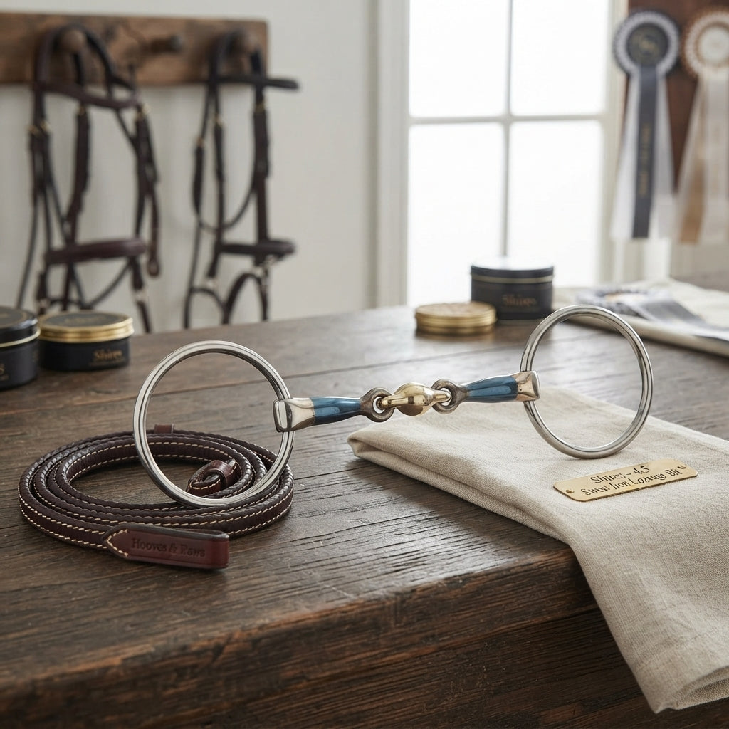 Lifestyle photo of Shires Blue Sweet Iron Loose Ring Snaffle with Brass Lozenge Horse Bit - 4.5 Inch