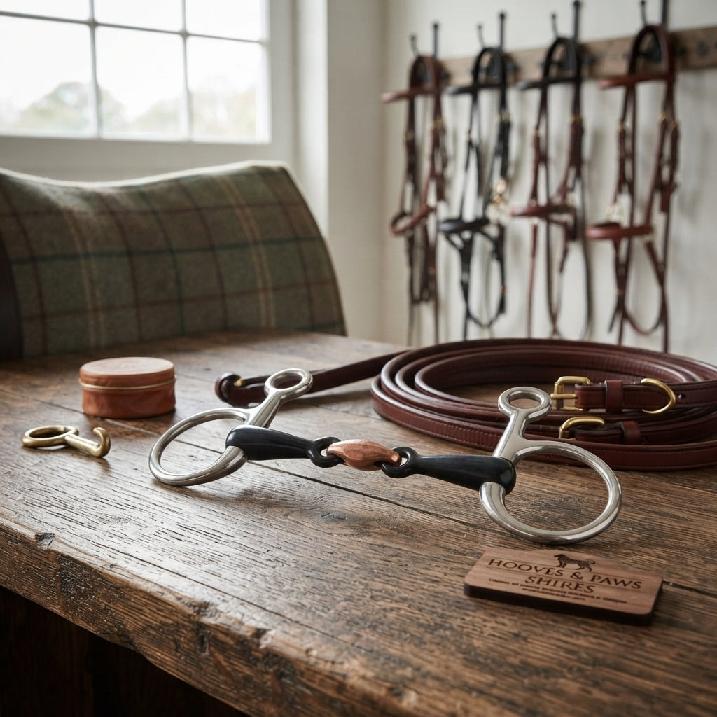 Lifestyle photo of Shires Hanging Cheek Black Sweet Iron Snaffle Horse Bit - Multiple Sizes