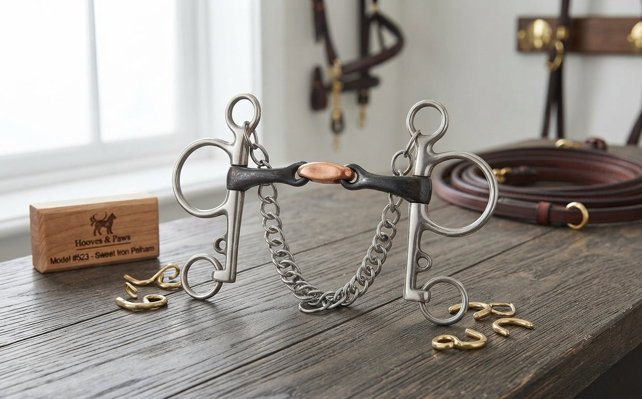 Lifestyle photo of Shires Double Jointed Sweet Iron Pelham Horse Bit #523 - Sweet Iron Mouthpiece with Copper Ribs