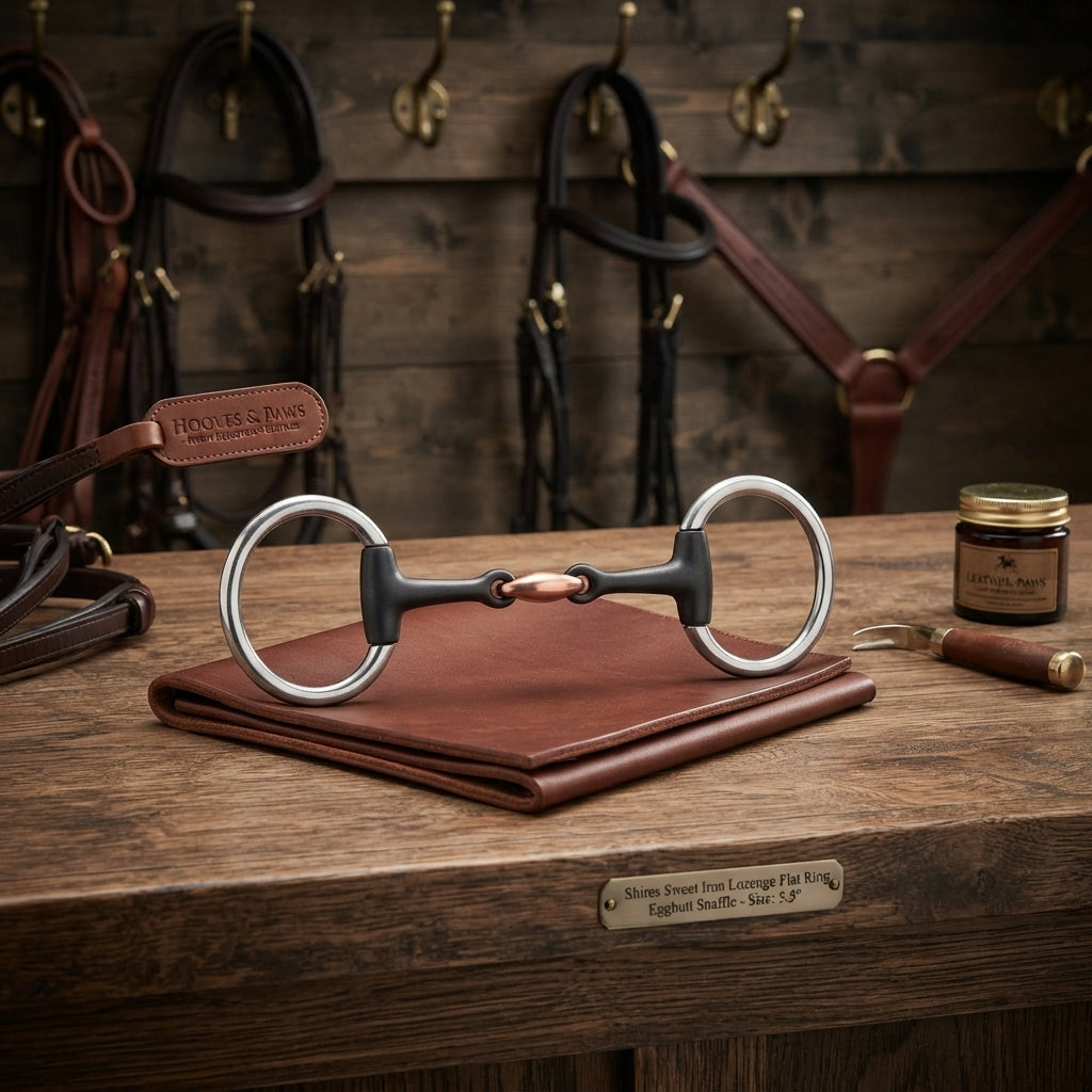 Lifestyle photo of Shires Sweet Iron Lozenge Flat Ring Eggbutt Snaffle Bit - Sweet Iron Mouthpiece - Multiple Sizes