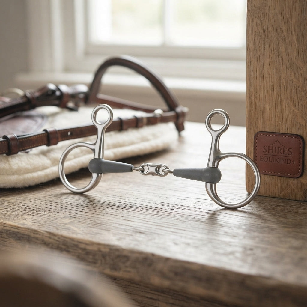 Lifestyle photo of Shires Equikind+ Hanging Cheek Baucher Peanut Link Bit - Gentle Synthetic Mouthpiece - Multiple Sizes