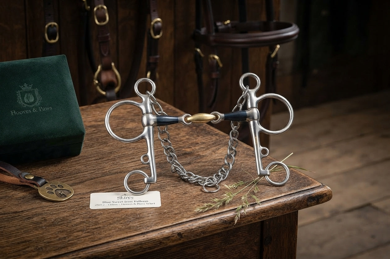 Lifestyle photo of Shires Blue Sweet Iron Pelham with Brass Lozenge Horse Bit #5312 - 14mm - Sweet Iron & Brass - Multiple Sizes