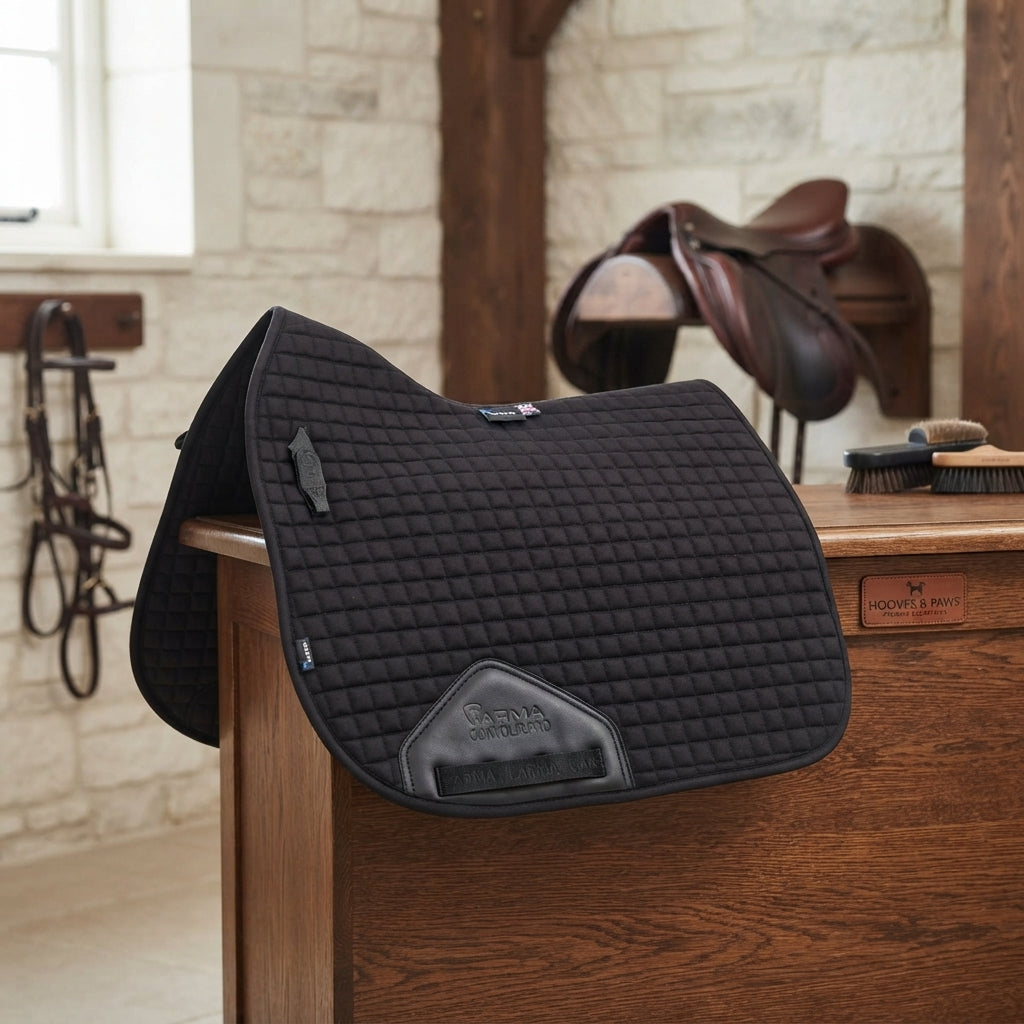 Lifestyle photo of Shires Arma Deluxe Cotton Dressage Saddlecloth - Breathable Quilted High-Wither Pad