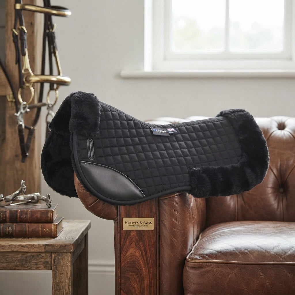 Lifestyle photo of Shires Arma Deluxe Cotton Half Pad - Breathable Quilted English Saddle Support for Horse Comfort