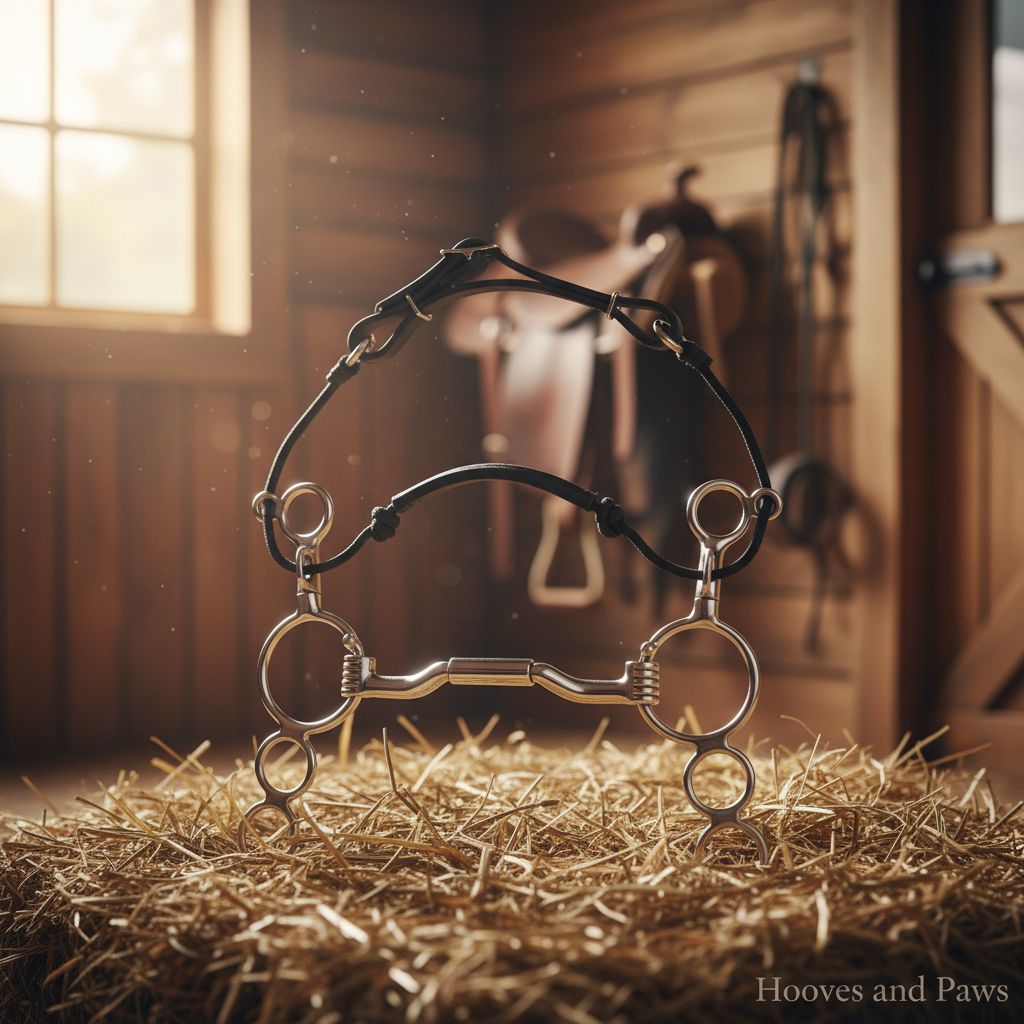 Myler MB 36 Combination Bit with sweet iron forward tilt ported barrel and 6 inch shank resting on hay in a sunlit stable.