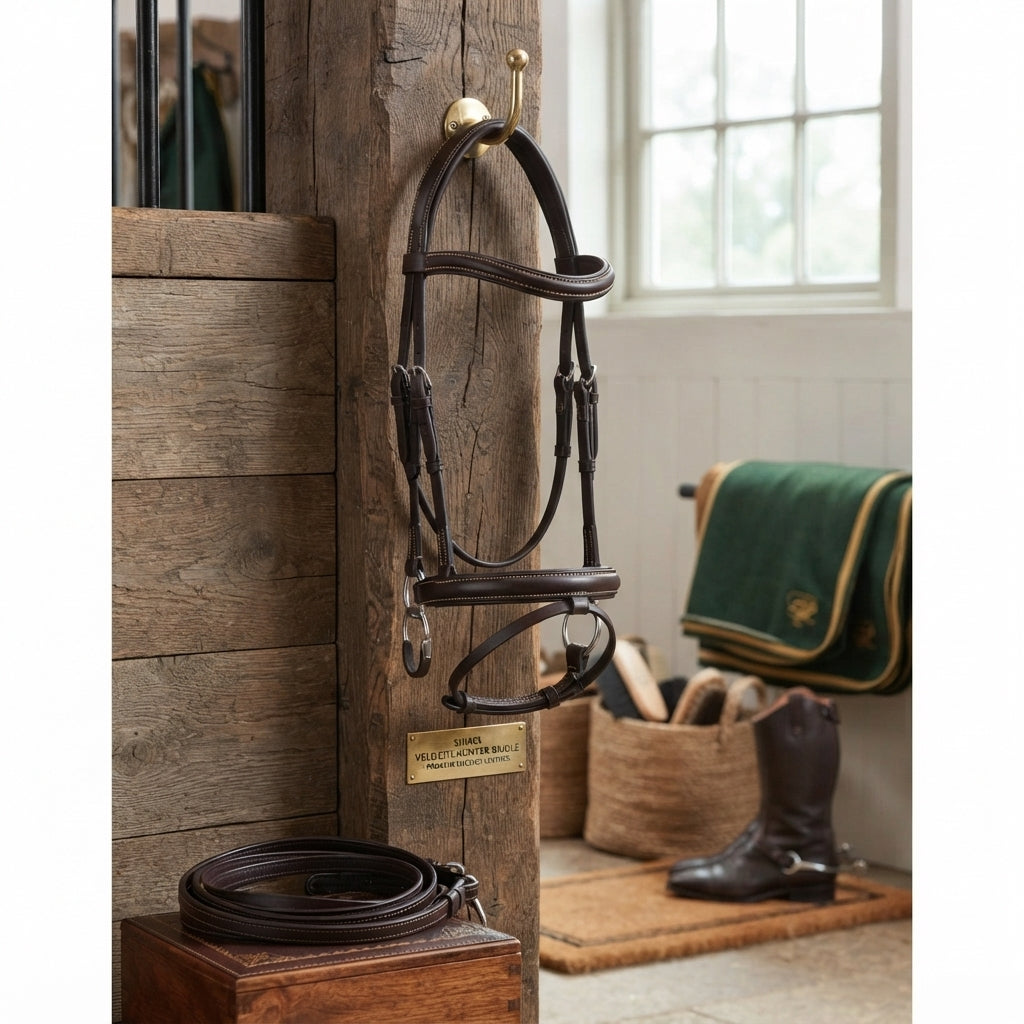Lifestyle photo of Shires Velociti Hunter Bridle - Premium Leather English Equestrian Horse Bridle for Show and Schooling