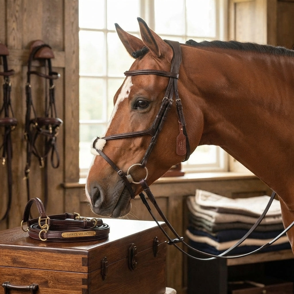 Lifestyle photo of Shires Velociti Figure 8 Bridle - Premium Leather Equestrian Horse Bridle - Multiple Sizes