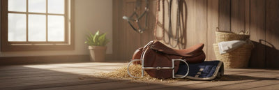Myler 02 Stainless Steel English Dee with Hooks bit in the foreground, leaning against a brown English saddle and blue saddle pad, all on hay on a wooden floor in a sunlit equestrian stable.