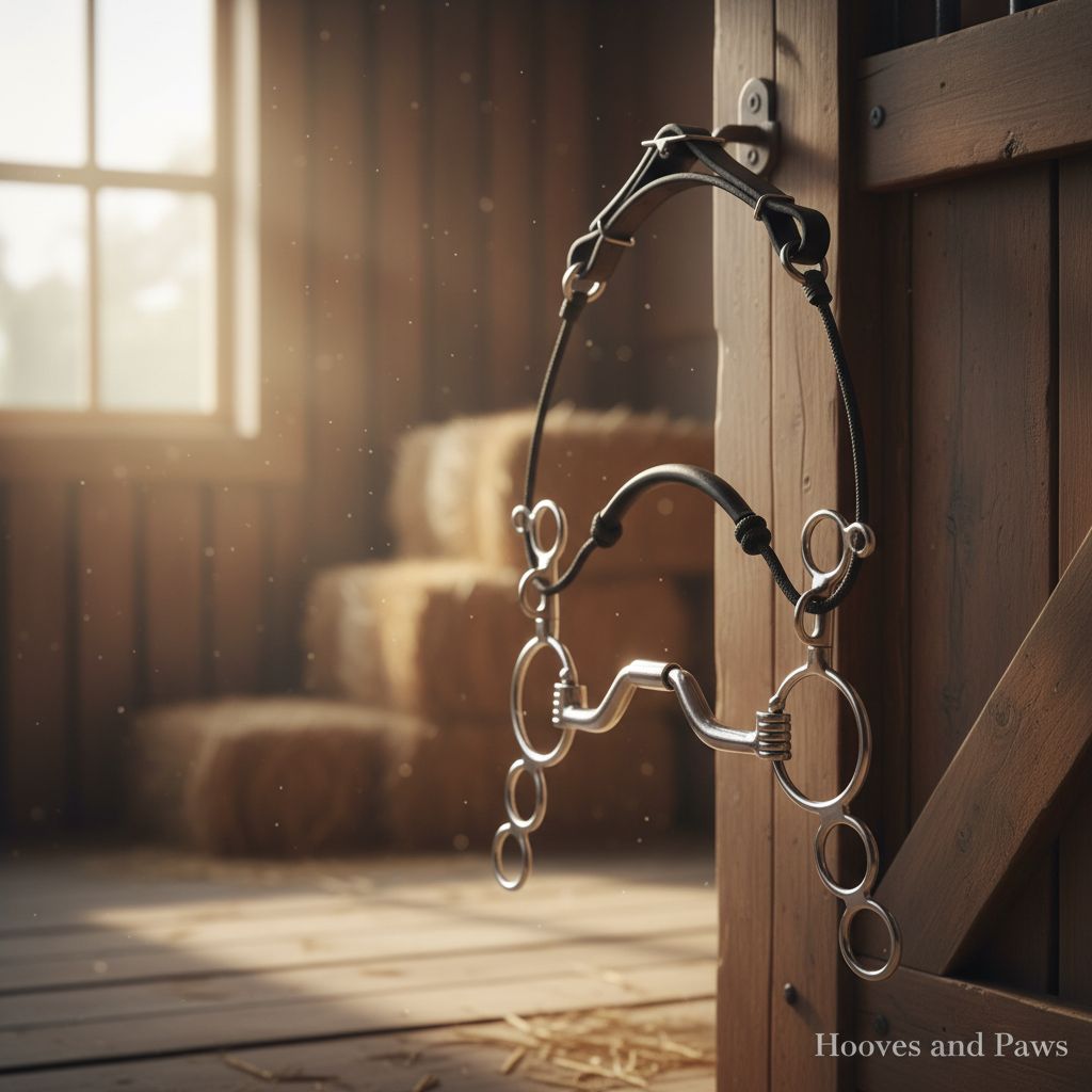 Myler MB 33 Combination Bit, sweet iron with copper inlay and black leather, hanging on a rustic wooden barn door. Sunlit hay bales and a window are in the background.