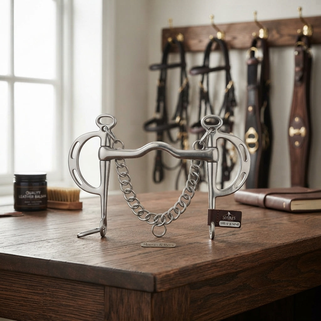 Lifestyle photo of Shires Slotted Cheek Port Mouth Kimblewick Stainless Steel Horse Bit - Multiple Sizes