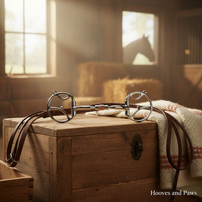 Myler 5 inch Western Dee horse bit with hooks, comfort snaffle, and copper roller, resting on a rustic wooden chest with leather reins and a striped blanket in a sunlit barn, a horse silhouetted in the background.