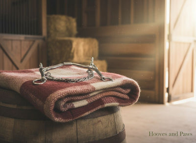 Myler 5 1/2" Weymouth Wide Ported Barrel Bit MB 16PB resting on a folded red and cream plaid blanket atop a wooden barrel, in a rustic barn setting with hay bales and sunlit stable doors.
