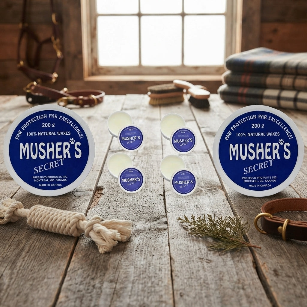 Lifestyle photo of Mushers Secret Paw Protection Wax Moisturizer Invisible Boots for Dogs - All-Season Snow & Heat Shield - 200g 6-Pack