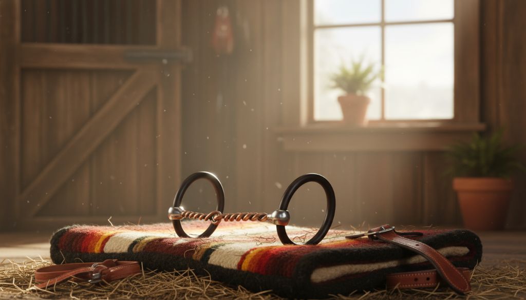 Bob Avila Loose Ring Bit with twisted copper mouthpiece and black rings, resting on a colorful striped horse blanket, with a leather strap, in a sunlit rustic barn on hay.