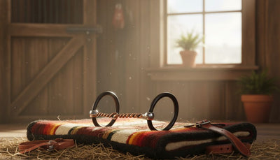 Bob Avila Loose Ring Bit with twisted copper mouthpiece and black rings, resting on a colorful striped horse blanket, with a leather strap, in a sunlit rustic barn on hay.