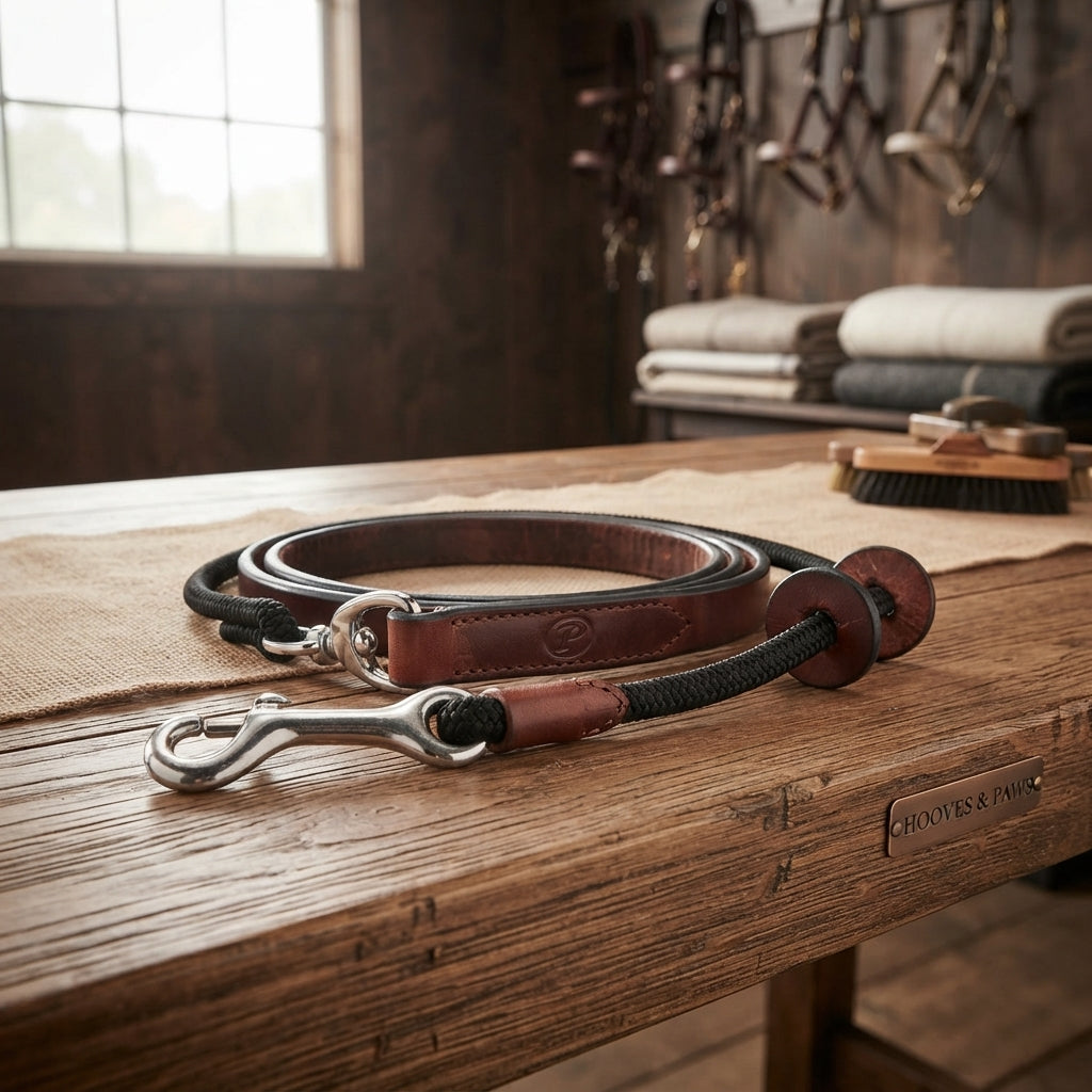 Lifestyle photo of Professional's Choice Schutz Lip Cord Lead - AQHA Approved Poly Cord Horse Handling Lead with Leather Stoppers