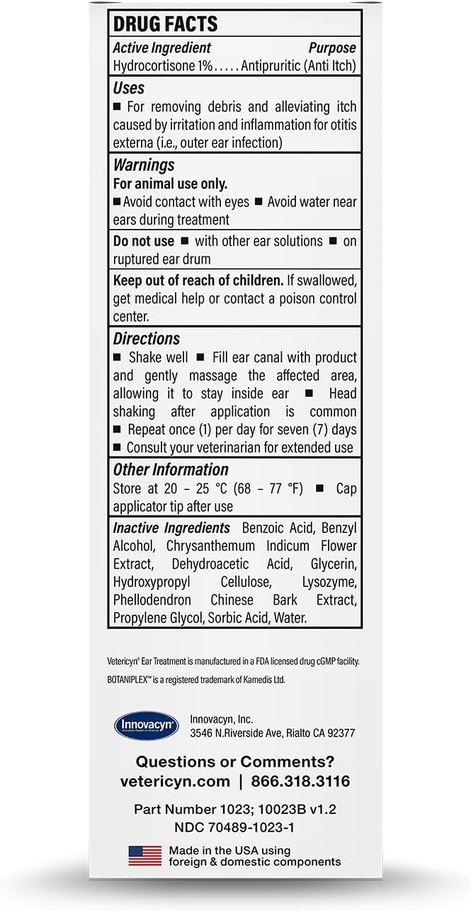 Vetericyn Triple-Action Dog Ear Treatment, Ear Drops with 1% Hydrocortisone 1.5oz