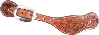 Alpine Flower Tooling Cowboy Spur Straps - Chestnut Leather