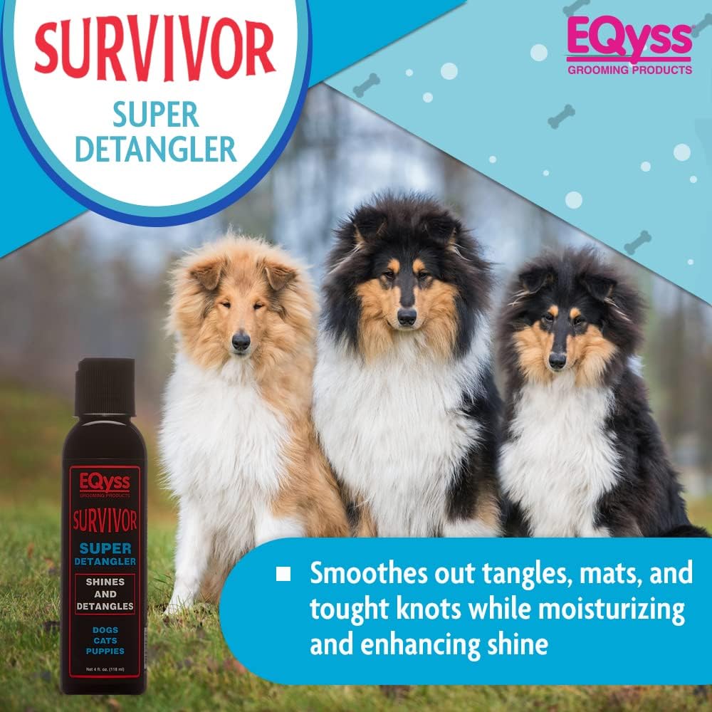 EQyss Survivor Pet Detangler - Smooths Out Knots, Tangles, & Mats - Great for Longhair Breeds, Tails, Feathers - Adds Shine, No Sticky Residue (4 oz)