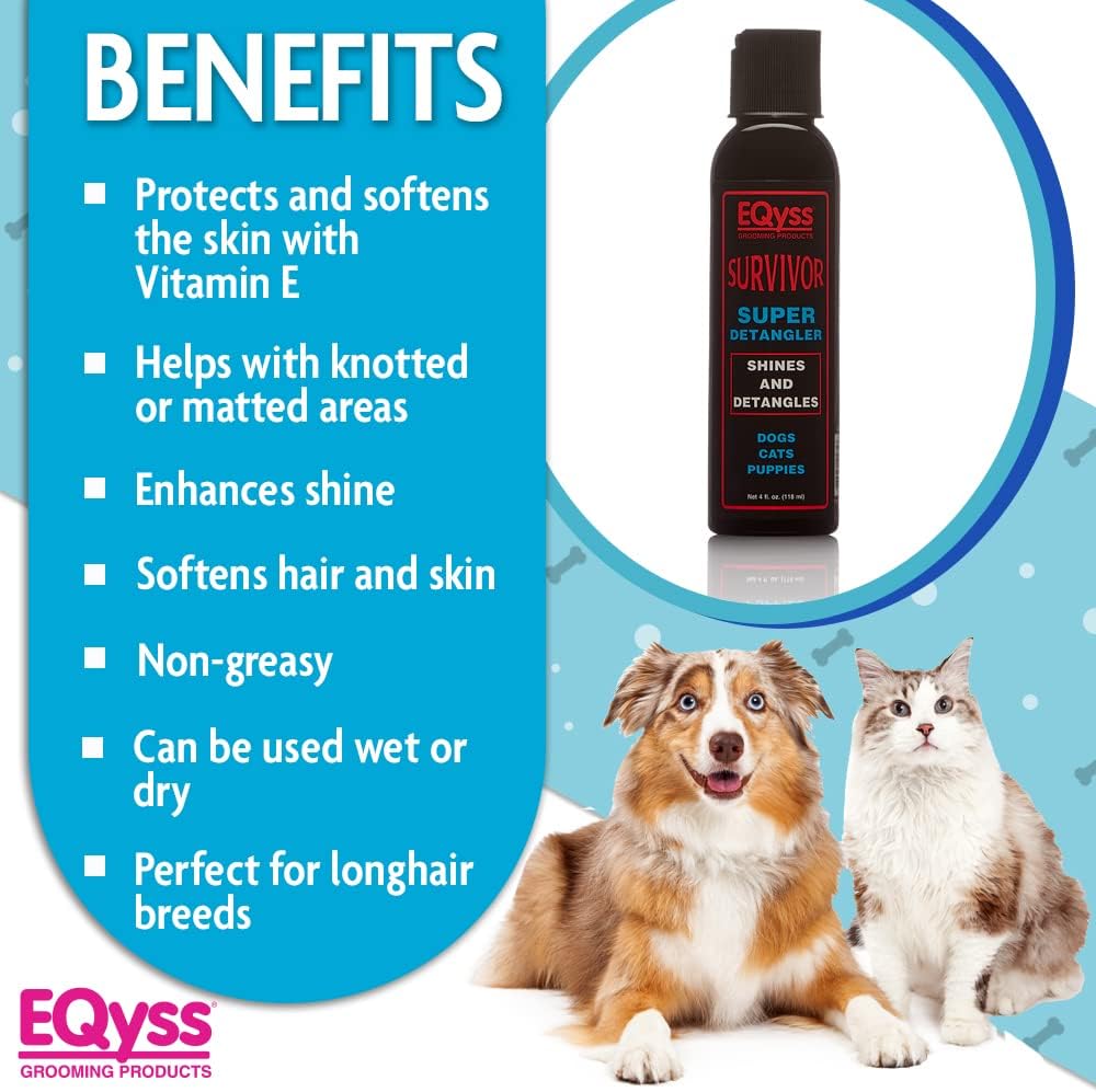 EQyss Survivor Pet Detangler - Smooths Out Knots, Tangles, & Mats - Great for Longhair Breeds, Tails, Feathers - Adds Shine, No Sticky Residue (4 oz)