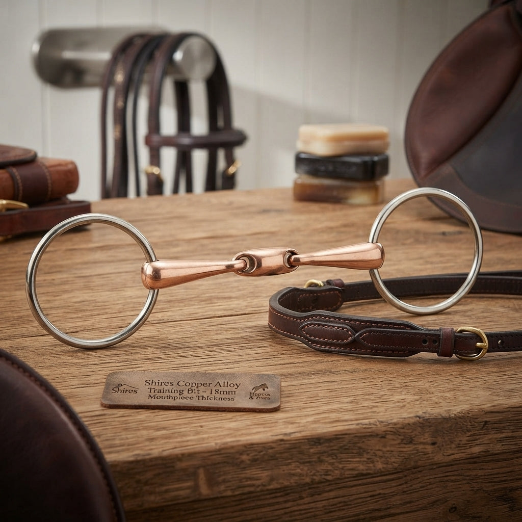 Lifestyle photo of Shires Copper Alloy French Link Training Horse Bit - 18mm Mouthpiece Thickness