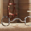 Myler 33 Eggbutt with Hooks 5 1/2" horse bit, shiny stainless steel, on a hay bale in a rustic barn setting with equestrian gear.