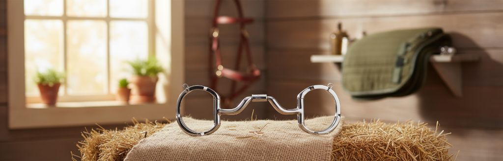 Myler 33 Eggbutt with Hooks 5 1/2" horse bit, shiny stainless steel, on a hay bale in a rustic barn setting with equestrian gear.