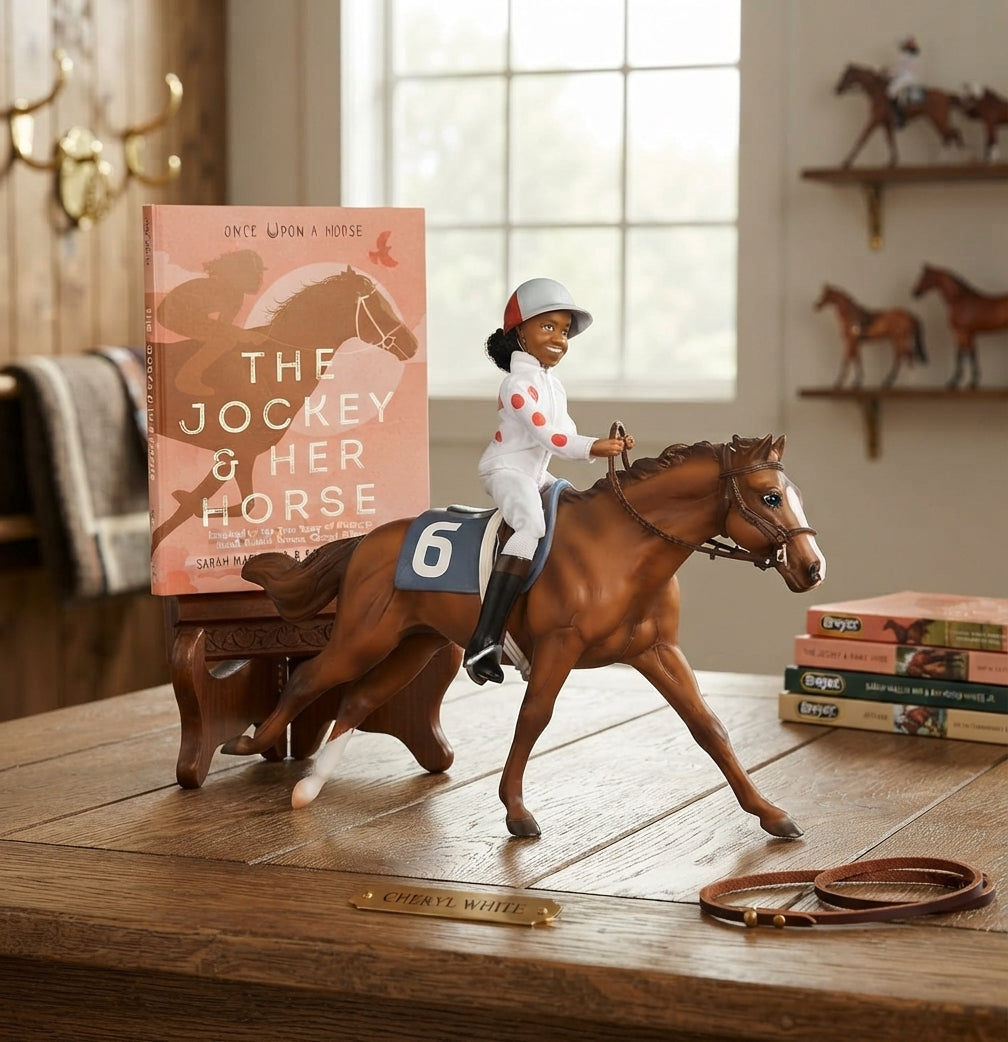 Lifestyle photo of Breyer Freedom Series Cheryl White Horse and Book Set - 1:12 Scale Jetolara Model & 208-Page Book #6236