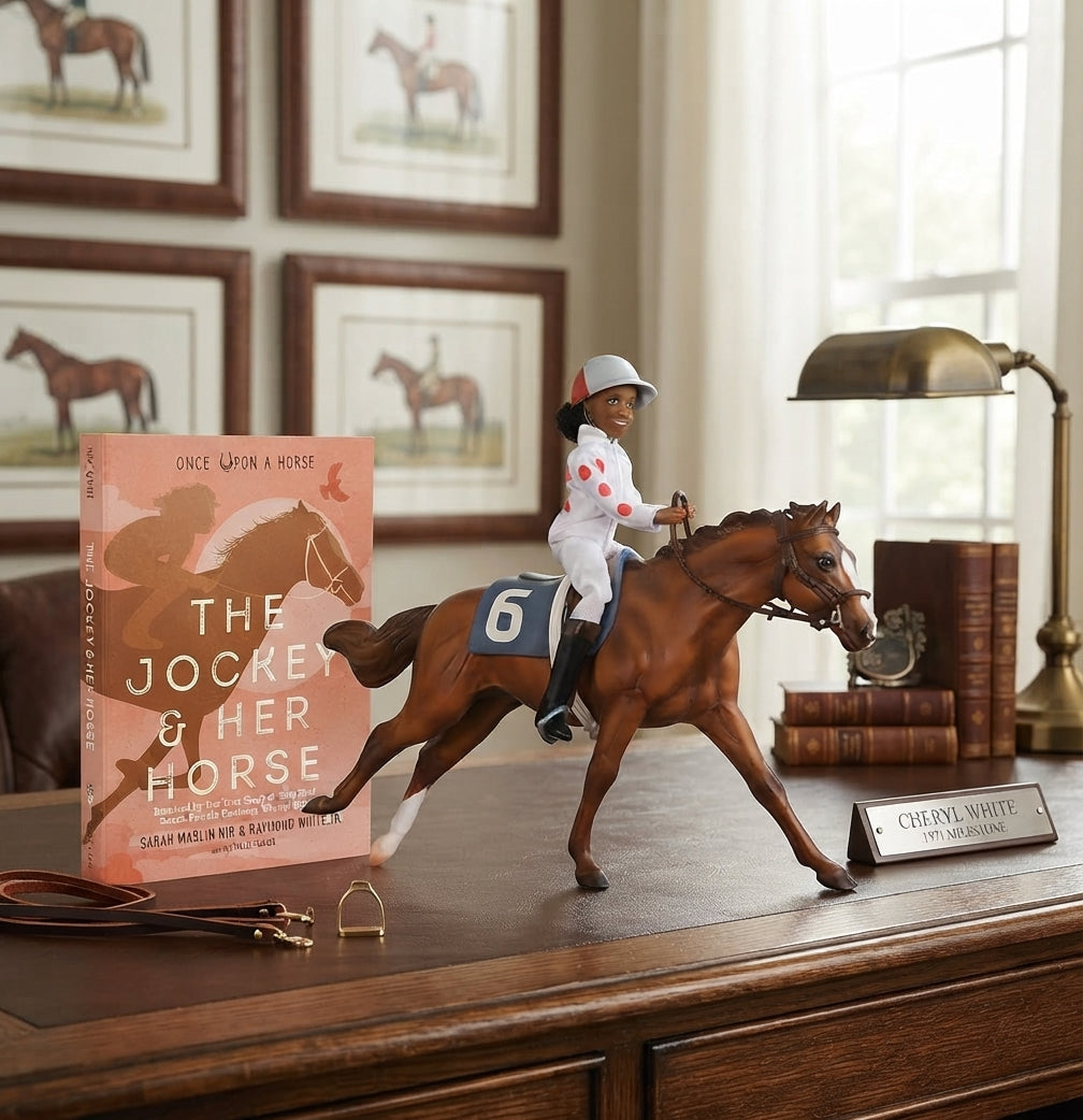 Lifestyle photo of Breyer Freedom Series Cheryl White Horse and Book Set - 1:12 Scale Jetolara Model & 208-Page Book #6236