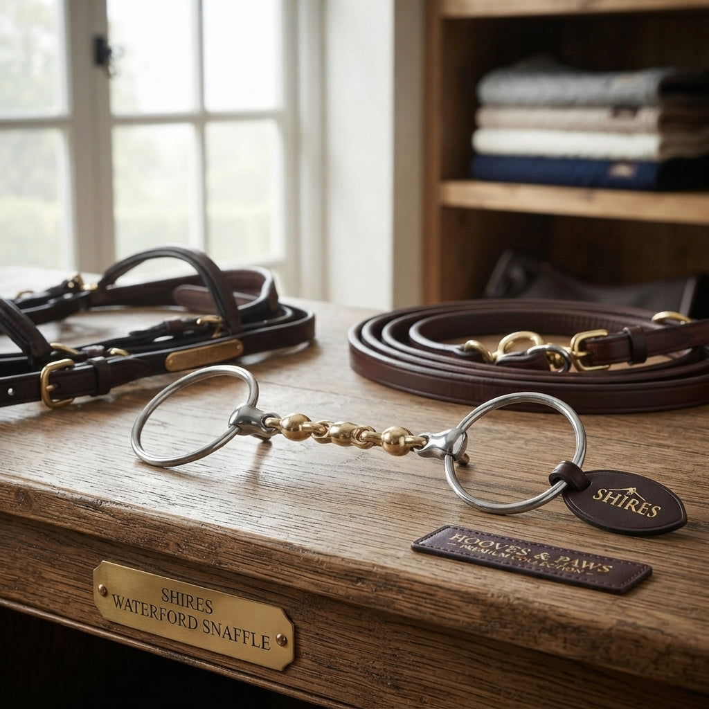 Lifestyle photo of Shires Brass Alloy Loose Ring Waterford Snaffle Horse Bit - Multiple Sizes