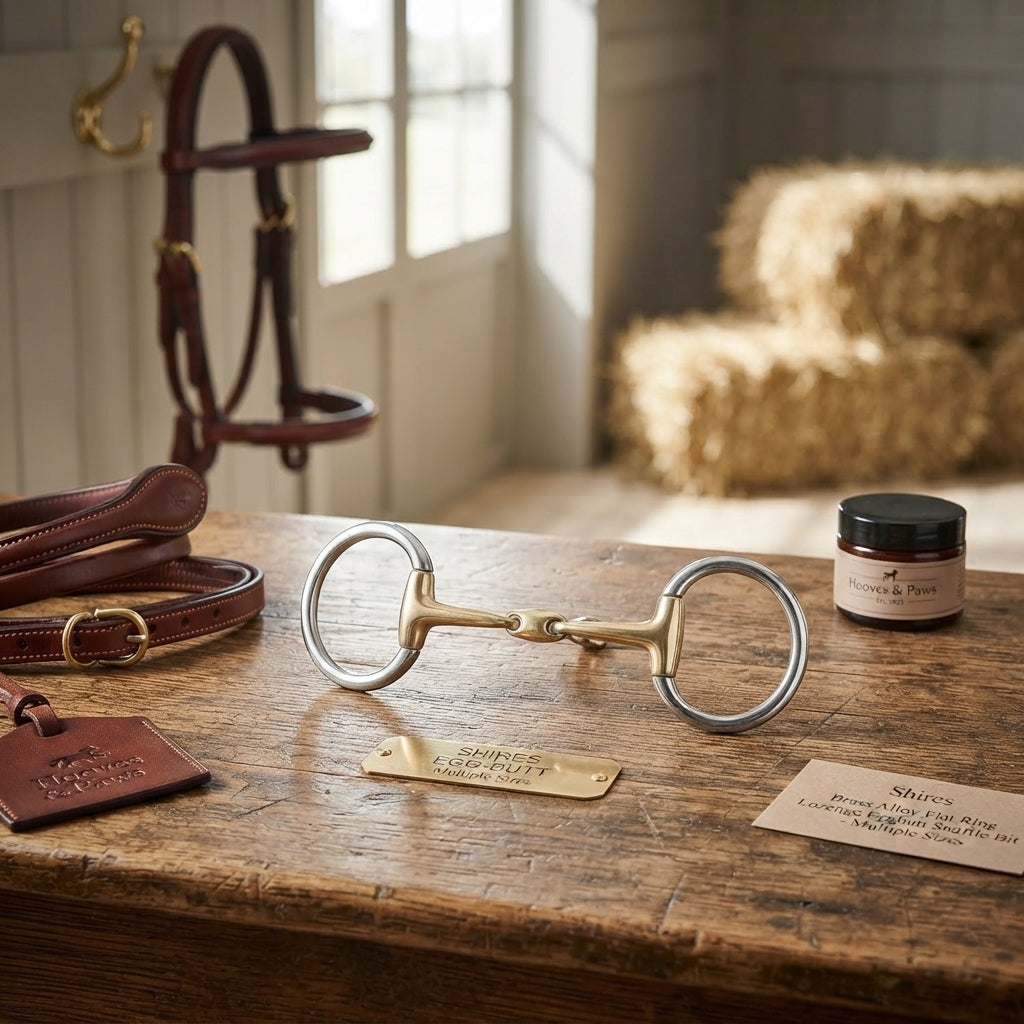 Lifestyle photo of Shires Brass Alloy Flat Ring Lozenge Eggbutt Snaffle Bit - Multiple Sizes