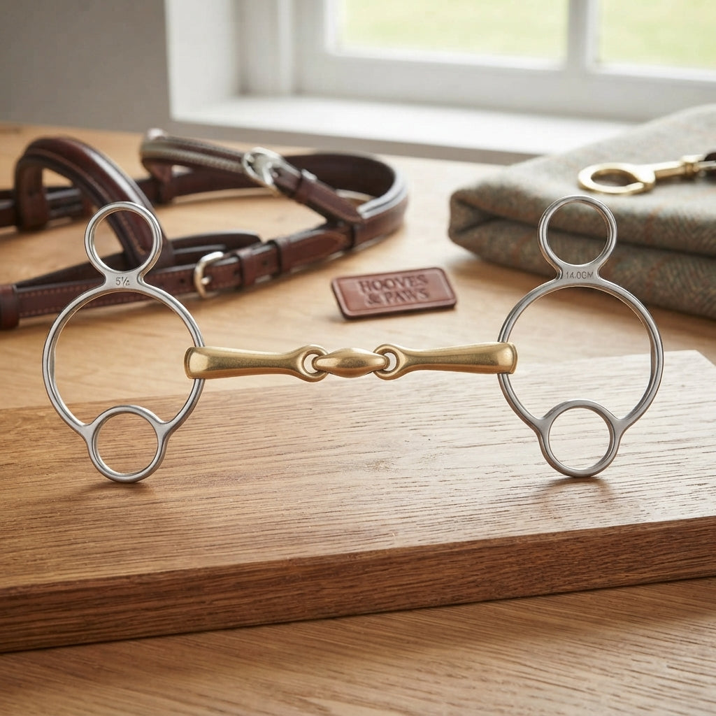 Lifestyle photo of Shires Brass Alloy Universal Horse Bit with Lozenge - Warm Brass Alloy Mouthpiece