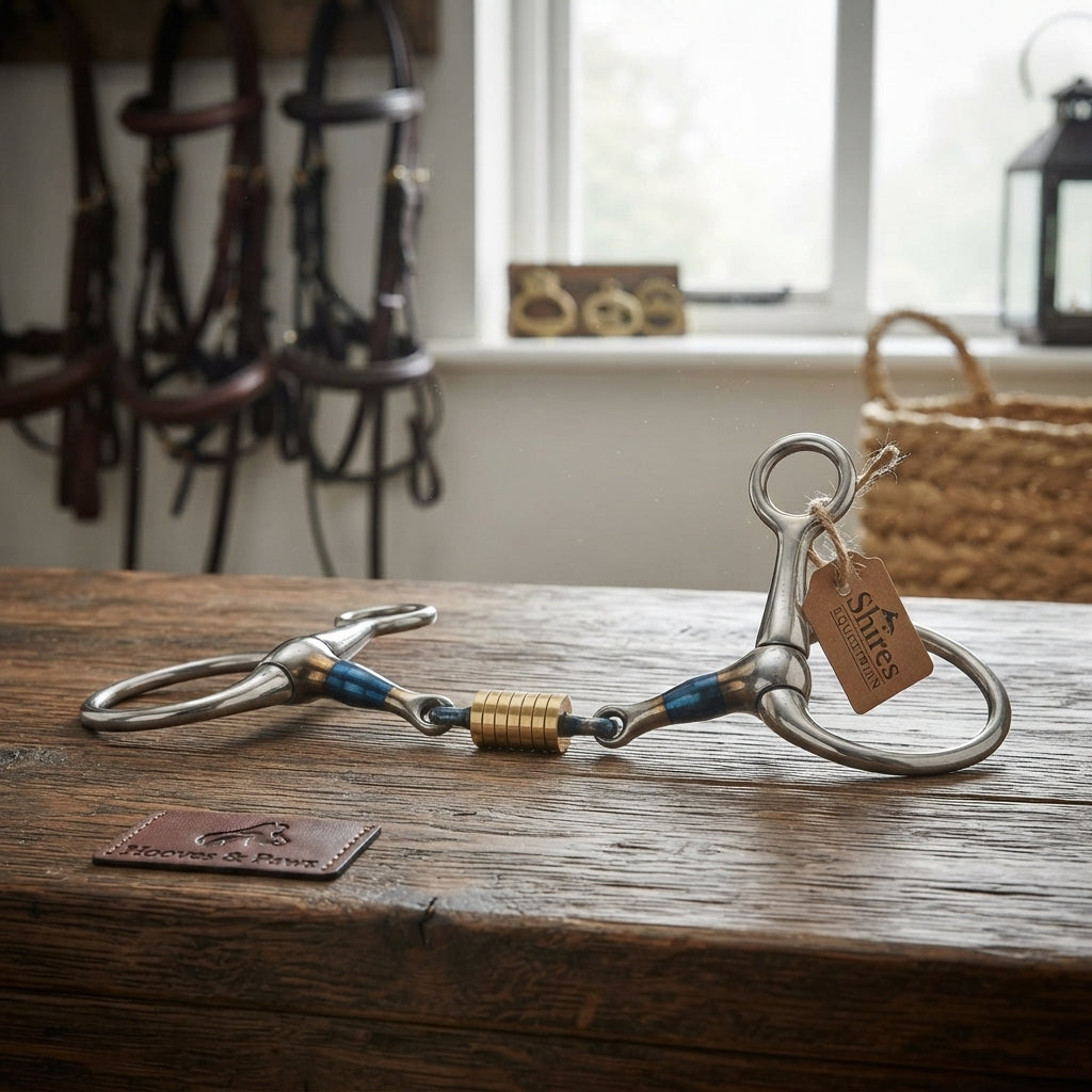 Lifestyle photo of Shires Blue Sweet Iron Hanging Cheek with Roller Baucher Horse Bit - Sweet Iron