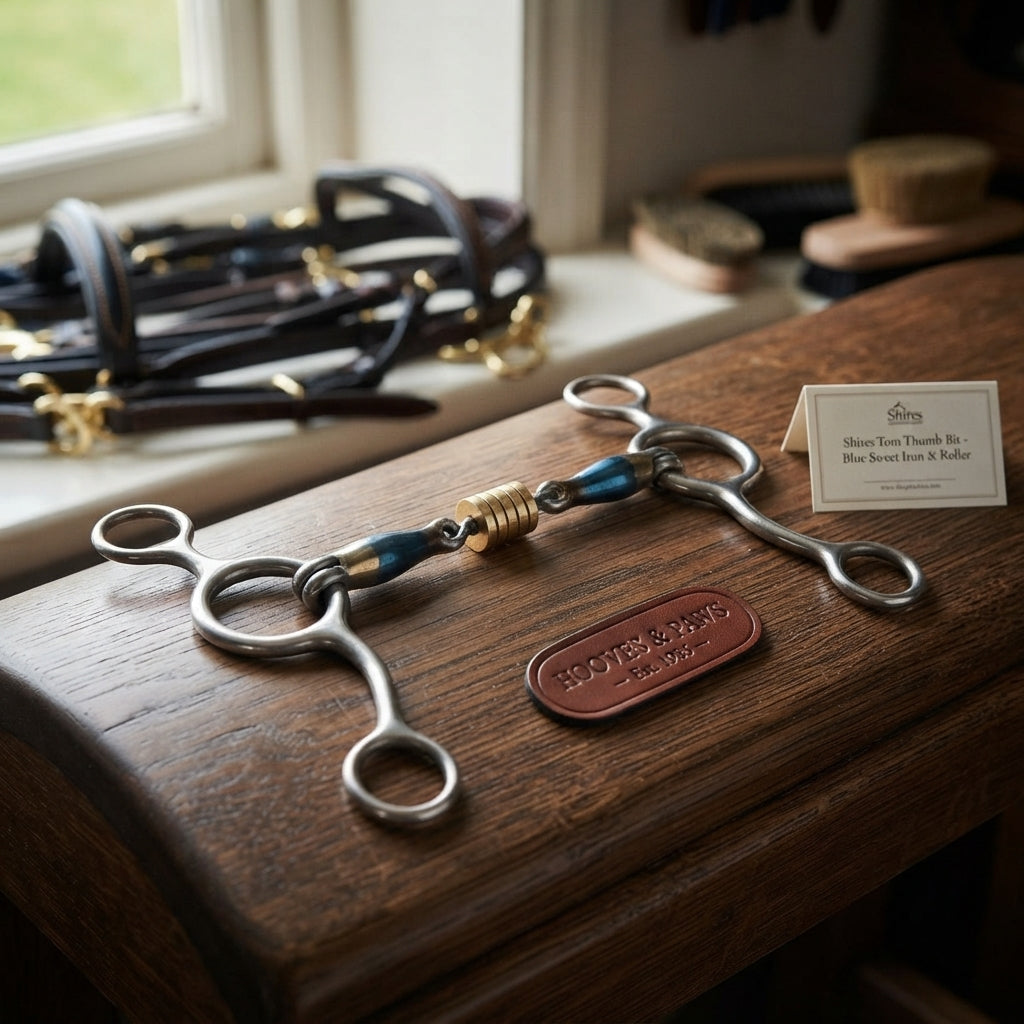 Lifestyle photo of Shires Tom Thumb Horse Bit with Roller - Blue Sweet Iron Mouthpiece to Promote Salivation and Relaxation