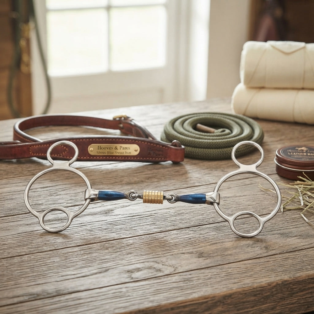 Lifestyle photo of Shires Blue Sweet Iron Universal Horse Bit with Roller Link - Multiple Sizes