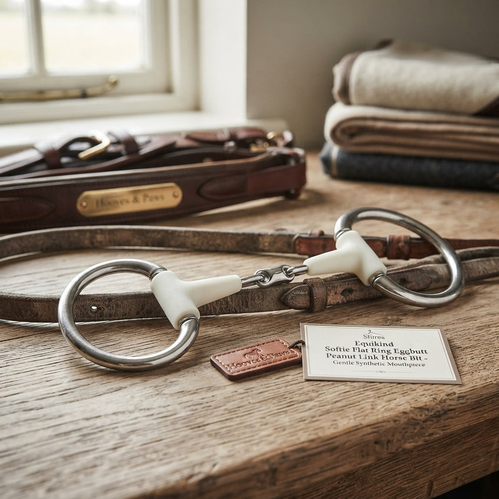 Lifestyle photo of Shires Equikind Softie Flat Ring Eggbutt Peanut Link Horse Bit - Gentle Synthetic Mouthpiece