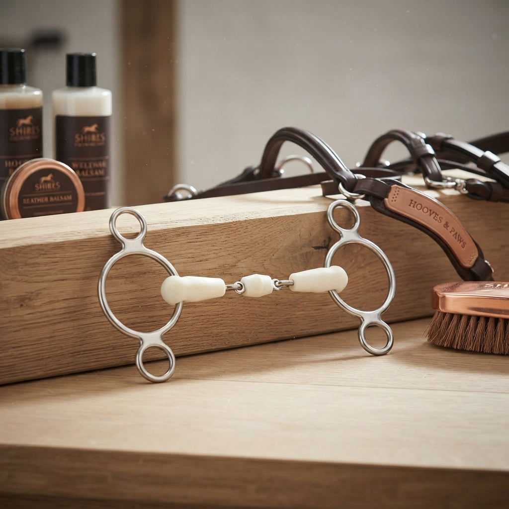 Lifestyle photo of Shires Equikind Softie 2 Ring Gag Horse Bit - Gentle Peanut Link Mouthpiece