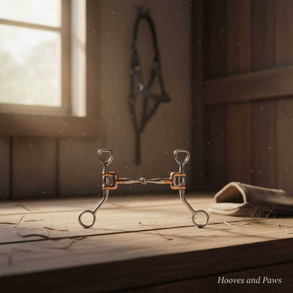 Myler MB 09 Tom Thumb snaffle horse bit with sweet iron and copper accents, resting on a wooden stable table in a sunlit barn setting.
