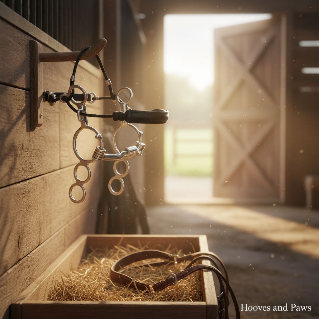 Myler MB 04 Combination Bit (Sweet Iron, Comfort Snaffle, Copper Inlay) hangs on a wooden wall in a sunlit stable. A leather collar is in a hay feeder below, with an open barn door in the background.