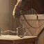 Myler 04 Stainless Steel Eggbutt with Hooks horse bit on a wooden surface with straw, in a stable with a horse and a sunlit window to a green field.