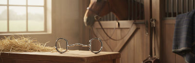 Myler 04 Stainless Steel Eggbutt with Hooks horse bit on a wooden surface with straw, in a stable with a horse and a sunlit window to a green field.