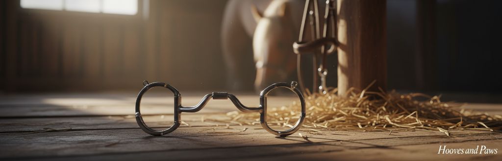 Myler 33 Eggbutt with Hooks 5 1/2" horse bit lying on a sunlit rustic wooden stable floor with hay and a blurred horse in the background.