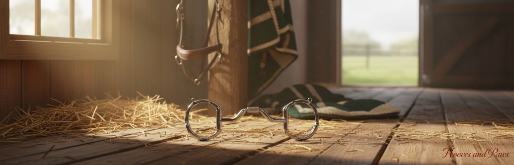 Myler 33 Eggbutt with Hooks horse bit resting on a rustic wooden barn floor with scattered hay. Sunlight streams from a window, highlighting a bridle and horse blanket in the background.