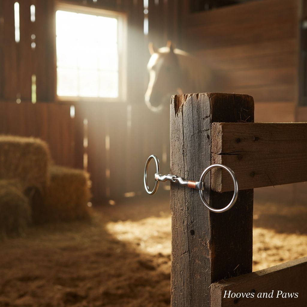 Myler MB 04 Loose Ring Snaffle Bit with copper inlay comfort mouth, hanging on a rustic barn post. A blurred horse, sunlit window, and hay bales are in the background.