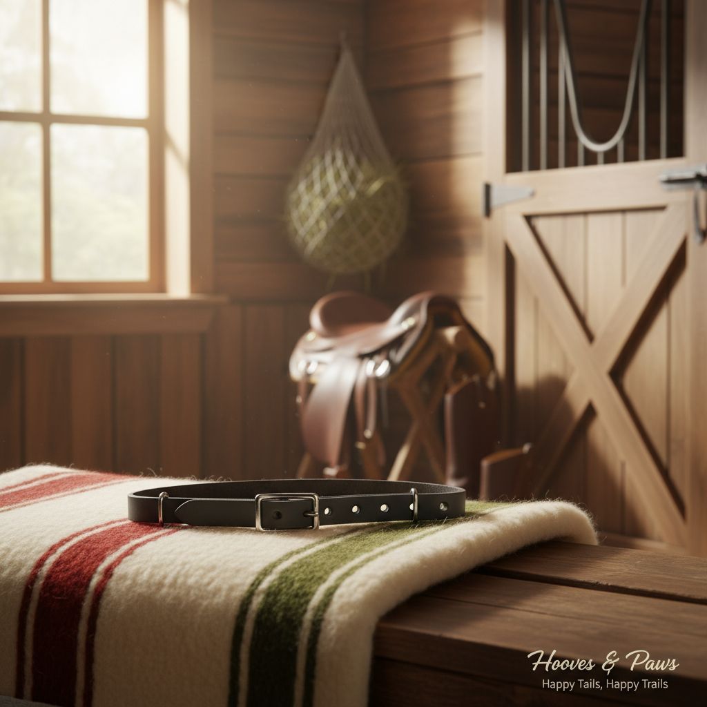 Myler adjustable black synthetic curb strap with a silver buckle and holes, resting on a striped blanket in a sunlit rustic barn with a western saddle and stall.