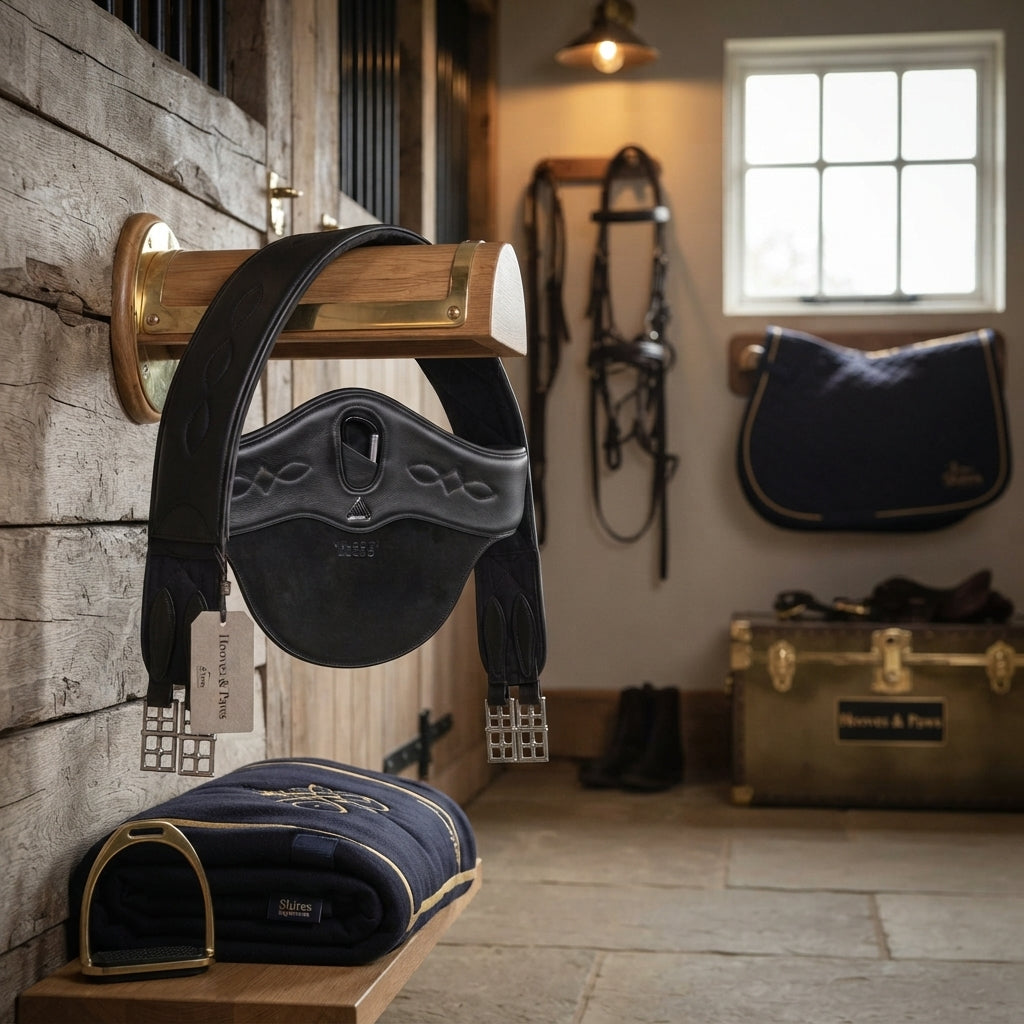 Lifestyle photo of Shires Velociti Lusso Stud Girth - Premium Contoured Leather Horse Jumping Girth - Multiple Sizes