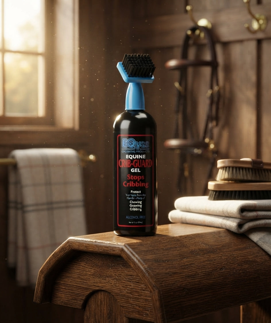Lifestyle photo of Eqyss No Chew Equine Crib-Guard GEL Concentrate - Stops Horse Cribbing and Chewing - 16oz